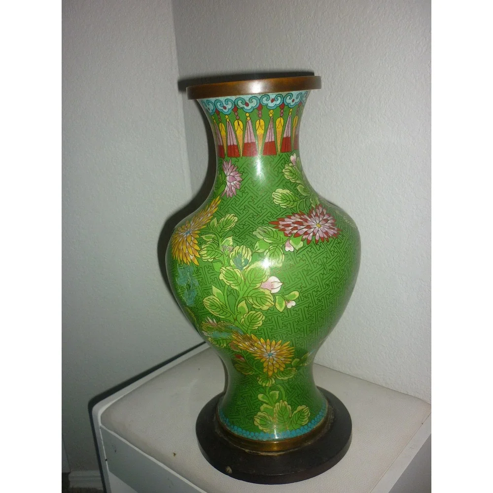 Vintage Green Cloisonne Enamel Floral‎ Vase Brass Wirework with Wood Base 16in